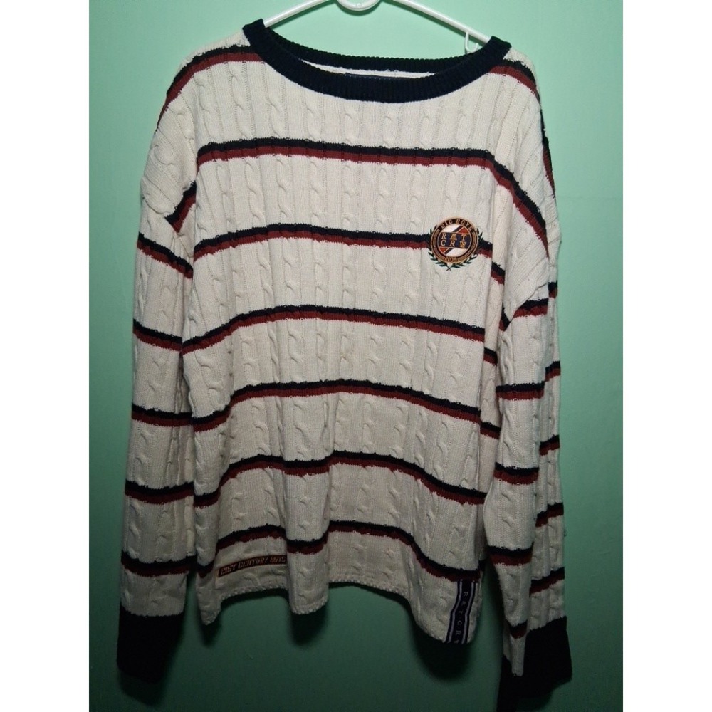 RMT CRW Romantic Crown WHITE W/RED BLUE Distressed Knit Crewneck Sweater Size XL